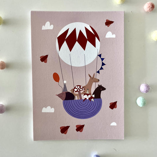 Postkarte Tiere Geburtstag |Heissluftballon