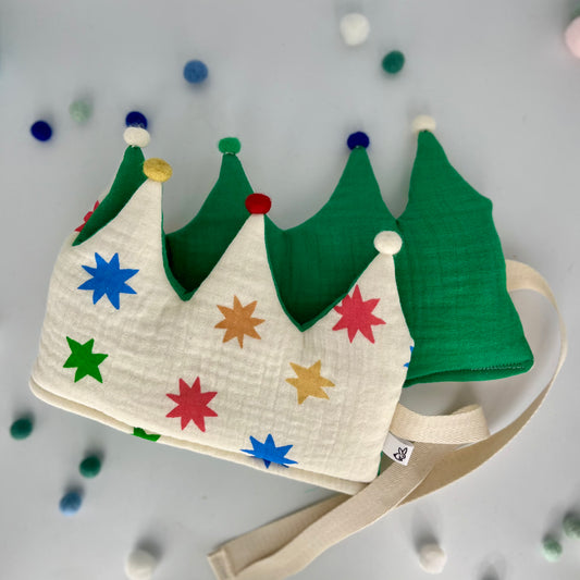 Stoffkrone | Geburtstagskrone Sterne bunt aus Musselin mit Pompons *yep.lets.celebrate*